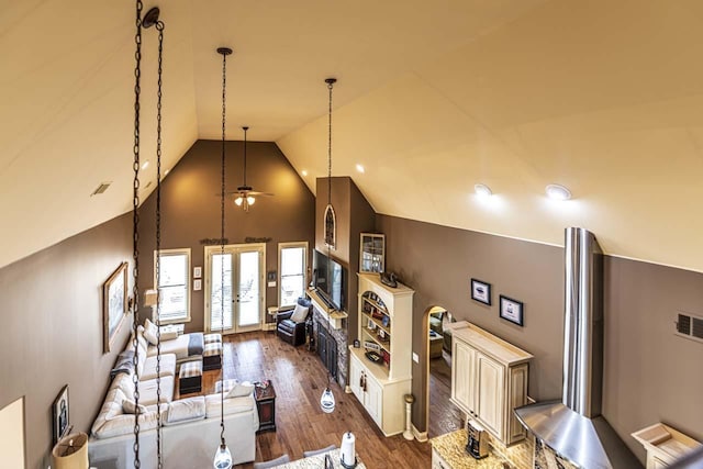 190 Links View Dr, Oakland, TN 38060 - living area with wood finished floors, high vaulted ceiling, and ceiling fan