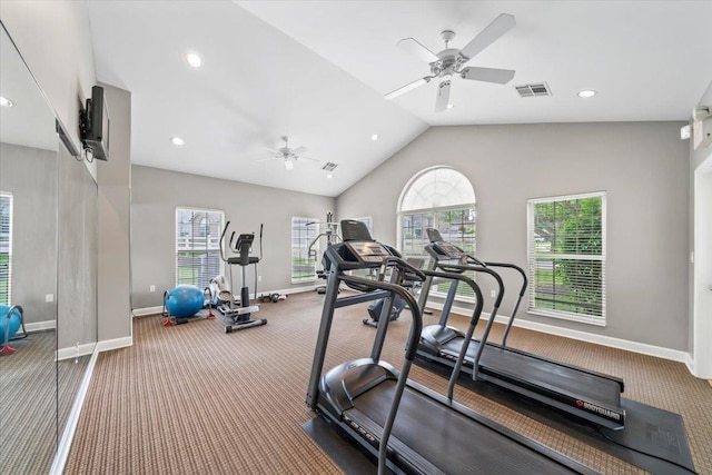 8897 Parkview Oaks Cir, Olive Branch, MS 38654 - exercise area with carpet floors, ceiling fan, lofted ceiling, and recessed lighting