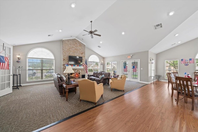 8897 Parkview Oaks Cir, Olive Branch, MS 38654 - living room featuring ceiling fan, plenty of natural light, wood finished floors, recessed lighting, and french doors