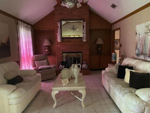 7148 Tranquil Creek Dr, Memphis, TN 38125 - living area featuring lofted ceiling, a fireplace, and tile patterned flooring