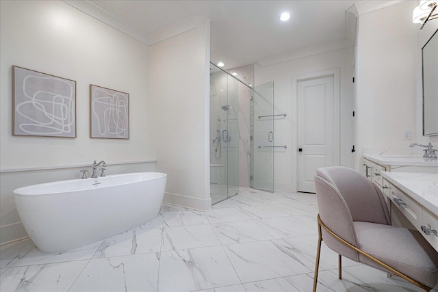 2486 E Allelon Rd E, Germantown, TN 38138 - bathroom with a stall shower, a freestanding tub, vanity, crown molding, and marble finish flooring