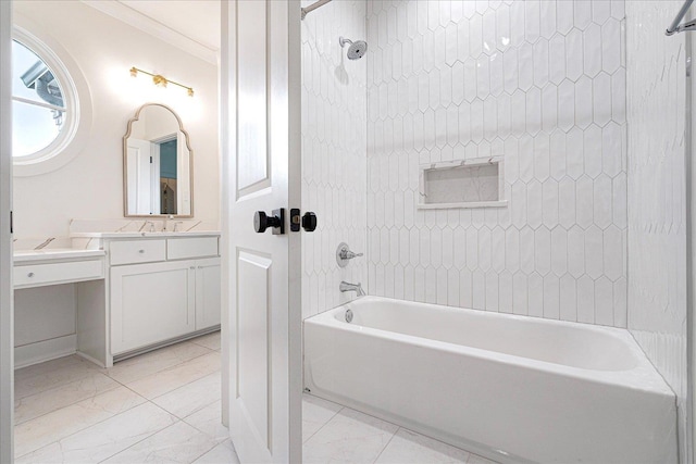 2486 E Allelon Rd E, Germantown, TN 38138 - full bathroom featuring marble look tiles, tub / shower combination, vanity, and crown molding