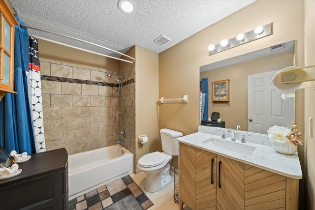 3889 Oak Trace Cv, Bartlett, TN 38135 - full bathroom with shower / bathtub combination with curtain, a textured ceiling, vanity, and tile patterned floors