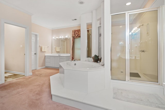 6500 State Line Rd, Tn, TN 38141 - bathroom featuring vanity, a shower stall, a garden tub, ornamental molding, and recessed lighting
