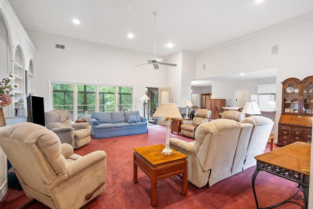 6500 State Line Rd, Tn, TN 38141 - carpeted living room with a high ceiling, crown molding, recessed lighting, and a ceiling fan