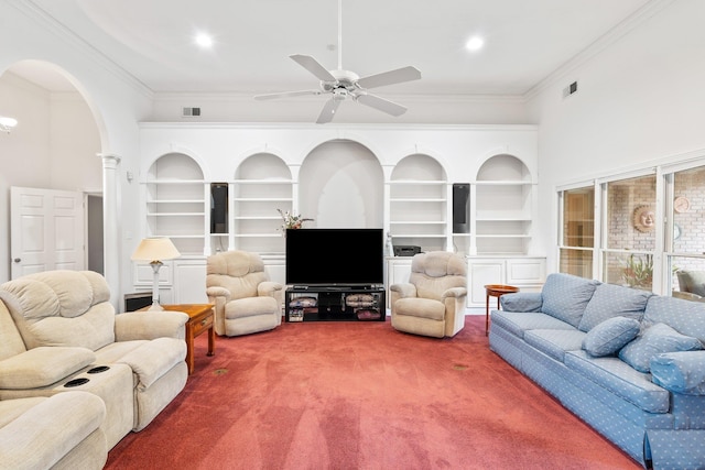 6500 State Line Rd, Tn, TN 38141 - carpeted living area with arched walkways, built in features, ornamental molding, ceiling fan, and recessed lighting