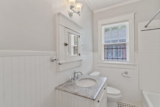 730 Maury St, Memphis, TN 38107 - full bath featuring vanity, a wainscoted wall, shower / bathtub combination, and crown molding