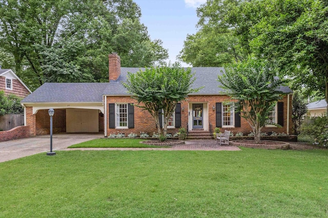 215 Belhaven St, Memphis, TN 38117 - ranch-style home with driveway, brick siding, a chimney, a front yard, and a shingled roof