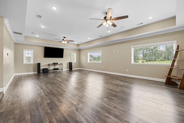 2295 Tomlin Rd, Somerville, TN 38068 - unfurnished living room with ceiling fan, healthy amount of natural light, dark wood-style flooring, crown molding, and recessed lighting