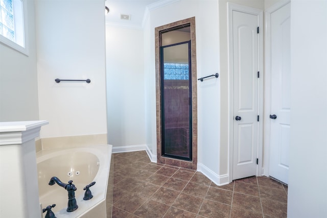 3485 E Taplow Way E, Collierville, TN 38017 - full bathroom featuring a jetted tub, crown molding, tile patterned flooring, and a shower stall
