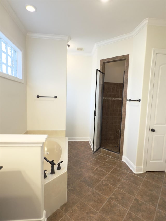 3485 E Taplow Way E, Collierville, TN 38017 - full bathroom featuring a bath, ornamental molding, a shower stall, tile patterned floors, and recessed lighting