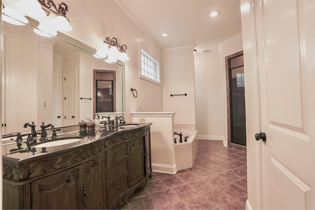 3485 E Taplow Way E, Collierville, TN 38017 - bathroom featuring a tub, double vanity, crown molding, tile patterned floors, and recessed lighting