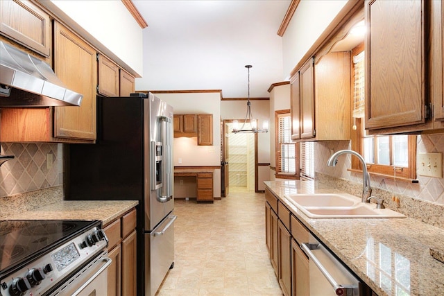 7802 Foster Ridge Dr, Germantown, TN 38138 - kitchen featuring crown molding, exhaust hood, stainless steel dishwasher, backsplash, and a chandelier