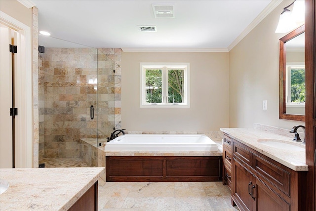 7802 Foster Ridge Dr, Germantown, TN 38138 - full bathroom with vanity, plenty of natural light, a garden tub, a stall shower, and crown molding