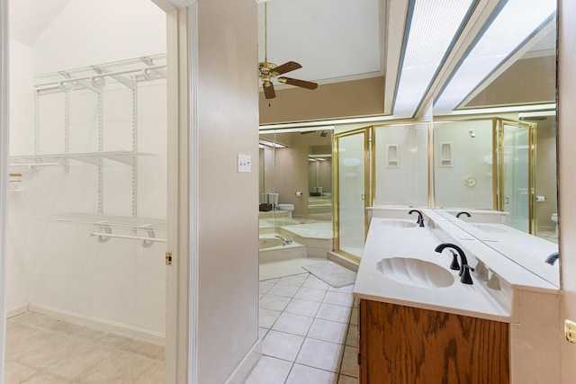 3541 Aurora Cir, Memphis, TN 38111 - full bath with a ceiling fan, a stall shower, double vanity, tile patterned flooring, and a bathtub