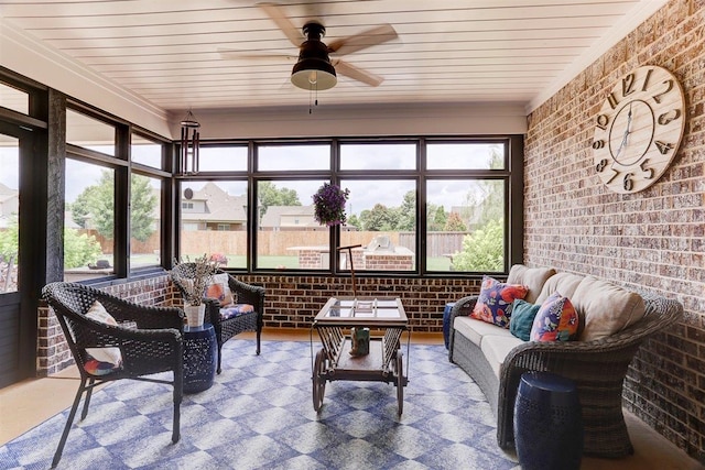 280 Cotton Trail Dr, Rossville, TN 38066 - sunroom / solarium featuring brick wall, an outdoor hangout area, a ceiling fan, and tile patterned floors