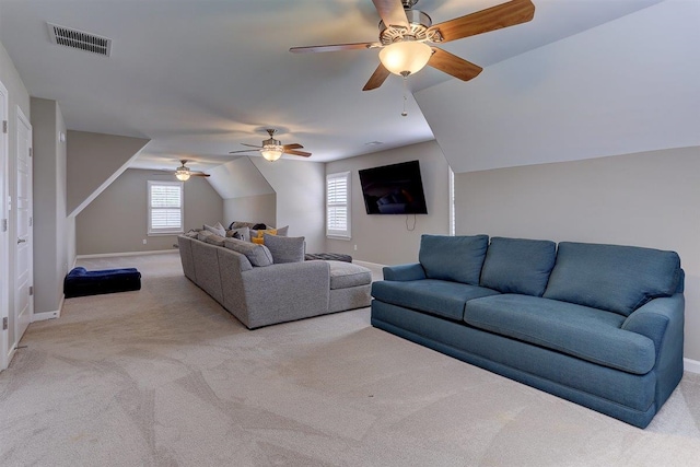 280 Cotton Trail Dr, Rossville, TN 38066 - living room featuring light carpet, lofted ceiling, and a ceiling fan