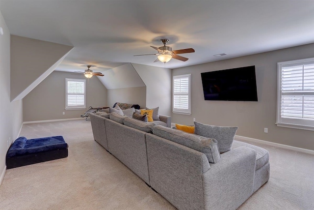 280 Cotton Trail Dr, Rossville, TN 38066 - living area with ceiling fan, light carpet, and vaulted ceiling