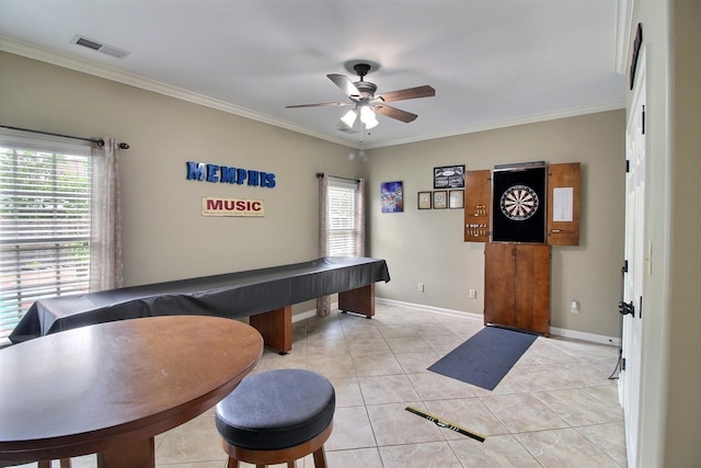 774 Wellington Way Cv, Collierville, TN 38017 - rec room with ceiling fan, crown molding, plenty of natural light, and light tile patterned floors