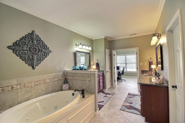 774 Wellington Way Cv, Collierville, TN 38017 - full bathroom with a whirlpool tub, vanity, tile patterned floors, and crown molding