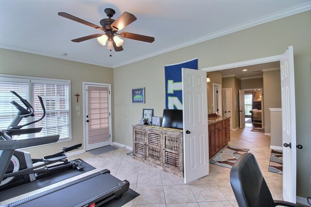 774 Wellington Way Cv, Collierville, TN 38017 - exercise room featuring light tile patterned floors, a ceiling fan, and ornamental molding