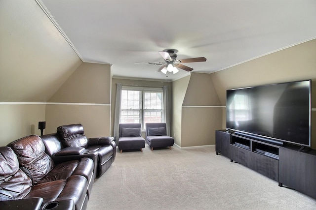 774 Wellington Way Cv, Collierville, TN 38017 - cinema with a ceiling fan, light carpet, vaulted ceiling, and ornamental molding