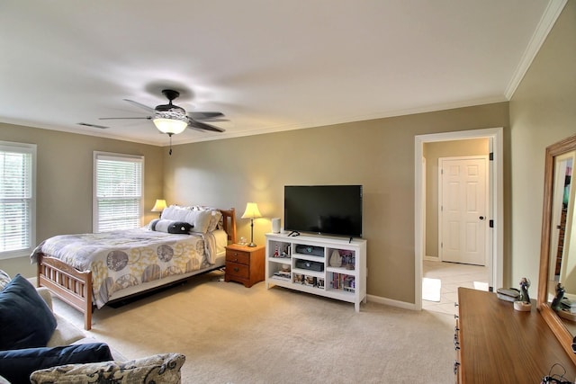 774 Wellington Way Cv, Collierville, TN 38017 - bedroom with light colored carpet, ornamental molding, and a ceiling fan