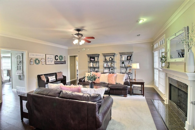 774 Wellington Way Cv, Collierville, TN 38017 - living room with a ceiling fan, a premium fireplace, dark wood-style flooring, and crown molding