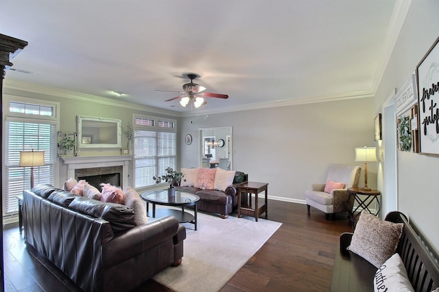 774 Wellington Way Cv, Collierville, TN 38017 - living area with a ceiling fan, crown molding, dark wood finished floors, and a high end fireplace