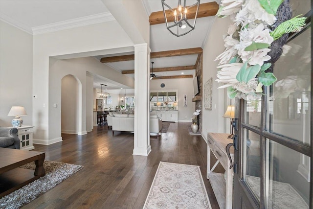 4741 Carousel Ln, Collierville, TN 38017 - entryway with a chandelier, hardwood / wood-style floors, decorative columns, arched walkways, and crown molding