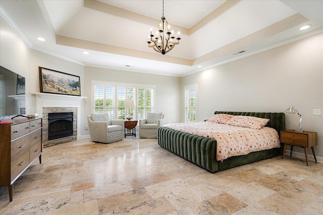 2165 Latting Hills Cv, Eads, TN 38016 - bedroom with a chandelier, stone tile floors, a fireplace, ornamental molding, and recessed lighting