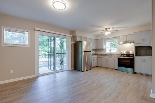 3292 Stella St, Memphis, TN 38127 - kitchen featuring stainless steel appliances, a ceiling fan, under cabinet range hood, and light wood-type flooring