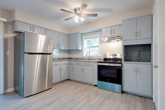 3292 Stella St, Memphis, TN 38127 - kitchen featuring stainless steel appliances, under cabinet range hood, gray cabinets, ceiling fan, and light wood finished floors