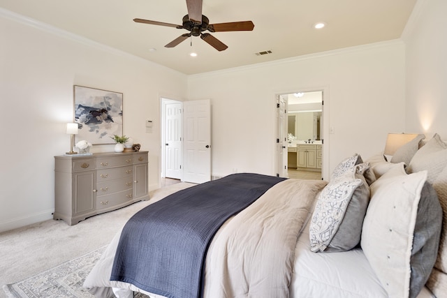 3846 Mimosa Ave, Memphis, TN 38111 - bedroom featuring light carpet, crown molding, recessed lighting, connected bathroom, and a ceiling fan