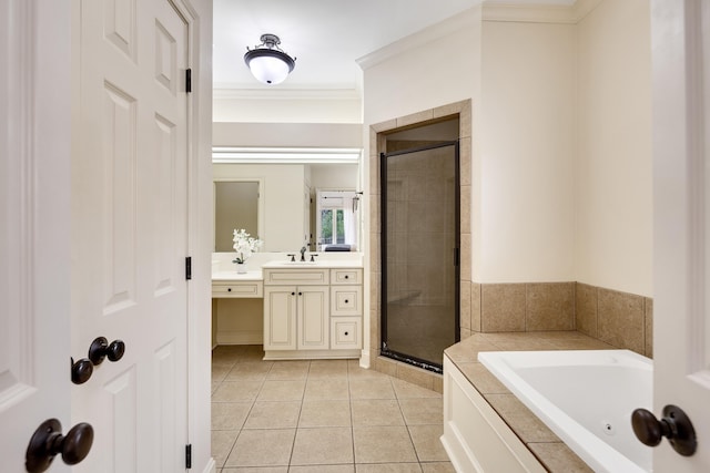 3846 Mimosa Ave, Memphis, TN 38111 - full bathroom featuring a stall shower, vanity, a whirlpool tub, crown molding, and tile patterned flooring