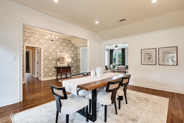 3846 Mimosa Ave, Memphis, TN 38111 - dining area featuring vaulted ceiling, wood finished floors, recessed lighting, a chandelier, and a ceiling fan