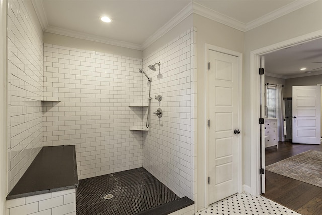3613 Charleswood Ave, Memphis, TN 38122 - full bath featuring tiled shower, recessed lighting, ornamental molding, and wood finished floors