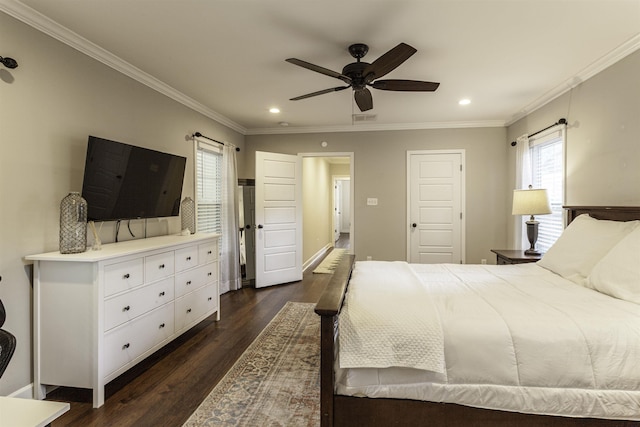 3613 Charleswood Ave, Memphis, TN 38122 - bedroom with multiple windows, recessed lighting, dark wood-style floors, crown molding, and a ceiling fan