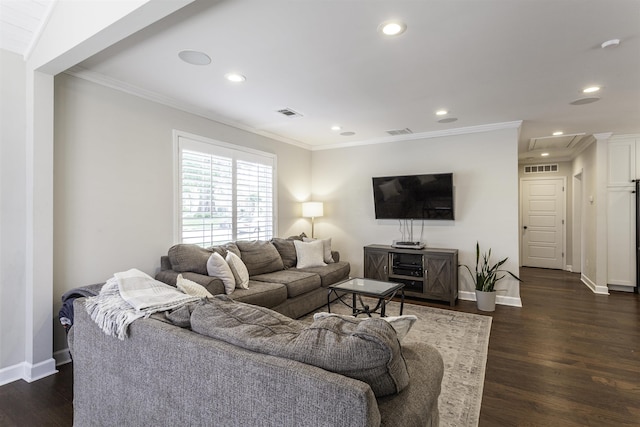 3613 Charleswood Ave, Memphis, TN 38122 - living room featuring recessed lighting, attic access, ornamental molding, and dark wood-style flooring