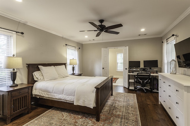 3613 Charleswood Ave, Memphis, TN 38122 - bedroom with multiple windows, dark wood finished floors, recessed lighting, and ornamental molding