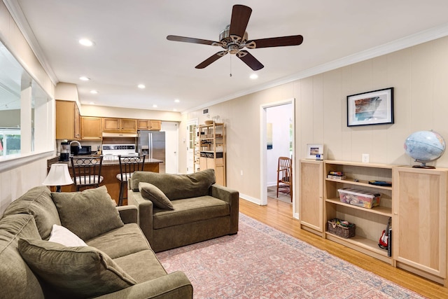 4152 Barfield Rd, Memphis, TN 38117 - living room with crown molding, light wood-type flooring, a ceiling fan, and recessed lighting