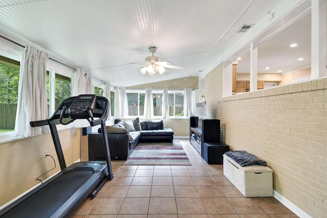 4152 Barfield Rd, Memphis, TN 38117 - workout area with plenty of natural light, brick wall, light tile patterned floors, ceiling fan, and vaulted ceiling