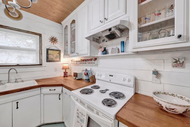 560 S Greer St, Memphis, TN 38111 - kitchen featuring white electric stove, butcher block counters, wood ceiling, under cabinet range hood, and white cabinetry
