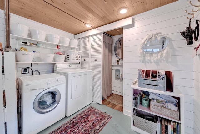 560 S Greer St, Memphis, TN 38111 - laundry room with wood ceiling, separate washer and dryer, wood walls, and recessed lighting