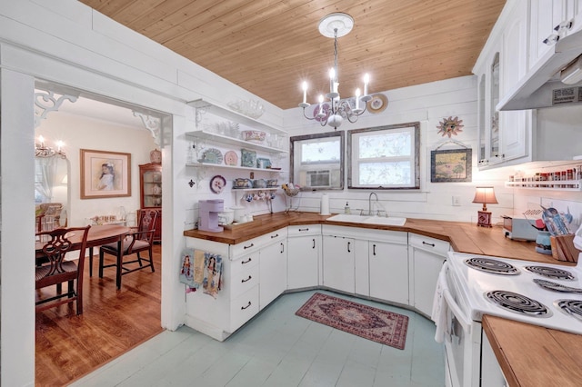 560 S Greer St, Memphis, TN 38111 - kitchen featuring wood counters, a chandelier, white range with electric stovetop, under cabinet range hood, and wood ceiling