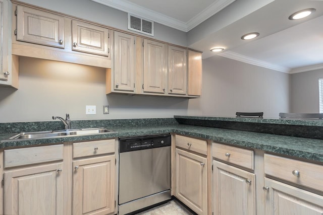 6942 Amberly Rd Unit 6942, Memphis, TN 38119 - kitchen with stainless steel dishwasher, dark countertops, ornamental molding, and recessed lighting