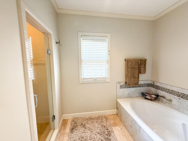 78 Pidgeon Dr, Memphis, TN 38117 - full bathroom featuring a garden tub, a stall shower, ornamental molding, and tile patterned flooring