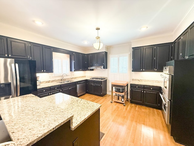 78 Pidgeon Dr, Memphis, TN 38117 - kitchen with light stone countertops, stainless steel appliances, crown molding, light wood-type flooring, and decorative light fixtures