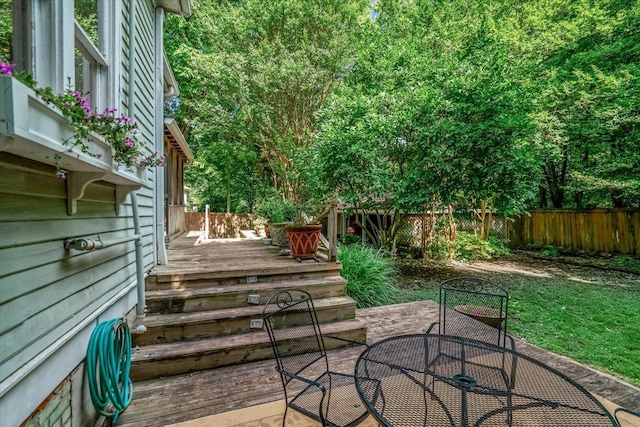 1785 Glenwood Pl, Memphis, TN 38104 - wooden terrace featuring outdoor dining space, a fenced backyard, and a patio