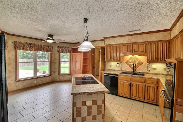 1150 Forest Wood Cv E, Collierville, TN 38017 - kitchen with black appliances, a center island, ceiling fan, a textured ceiling, and light tile patterned floors
